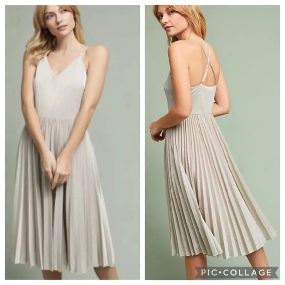 Anthropologie Dresses & Skirts - Anthropologie elevenses Silver Metallic Luna Pleated Dress Sz 4